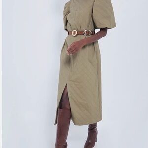 Quilted Olive Puff-Sleeve Midi Dress